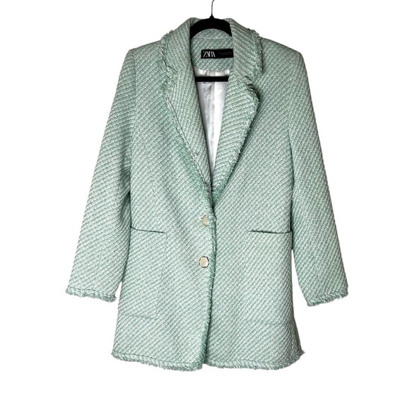 Zara Green White Tweed Textured Long Blazer-Small - Picture 6 of 15